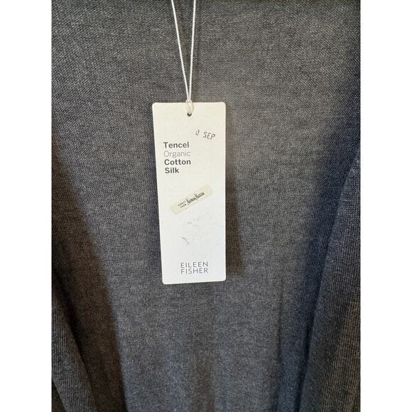 EILEEN FISHER NWT Belted Simple Cardi Sweater Ash Grey Cotton Silk Blend Cozy - Picture 8 of 8